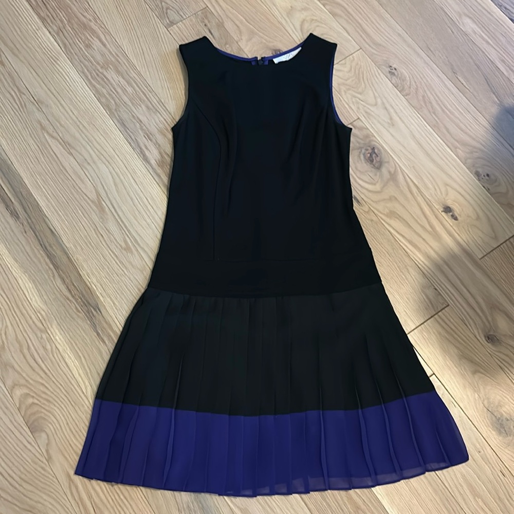 Loft, drop waist dress, black with purple hem, chiffon pleated bottom, size 0